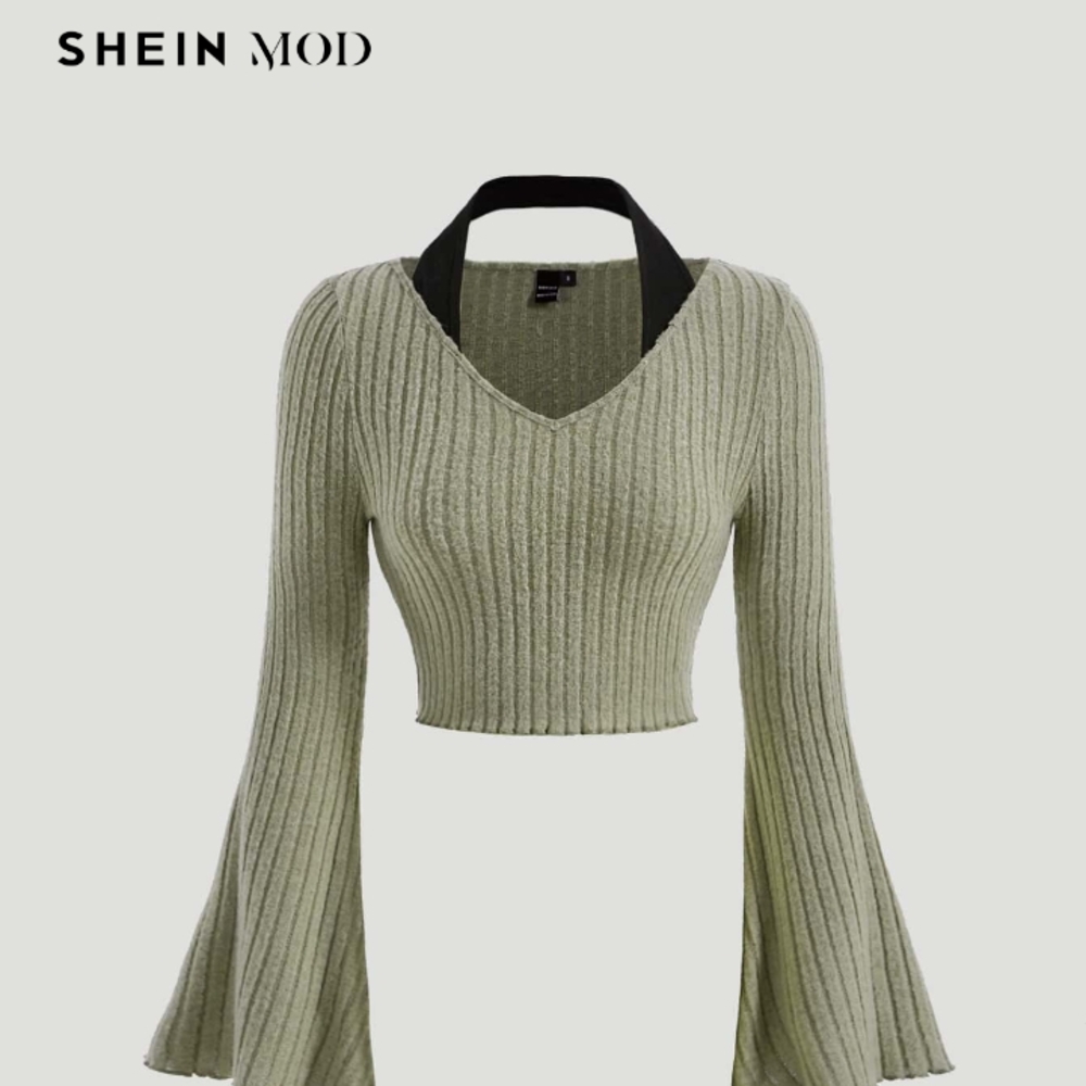 New SHEIN Olive Ribbed Knit Bell Sleeve Top